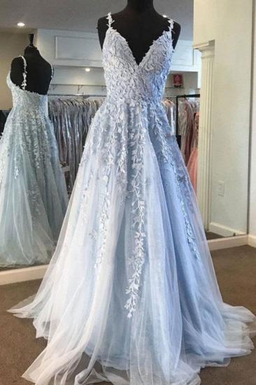 Sky Blue Lace Prom Dresses Deep V Neck A Line Long Party Elegant Floor Length Women Evening Gowns_4