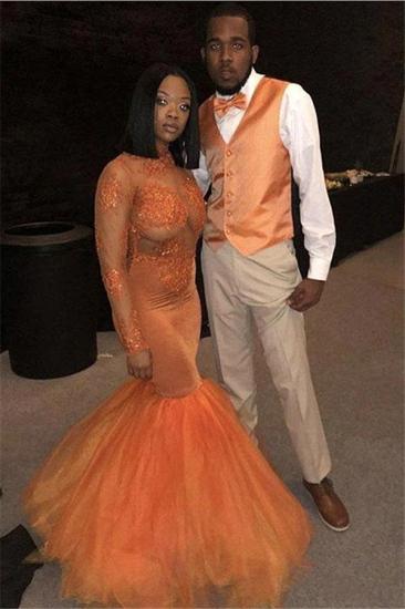 Orange Mermaid Tulle Prom Dresses | Cheap Sexy Long-Sleeves Evening Gowns_1
