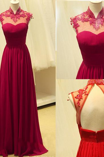 Elegant Ruby Chiffon High Neck Long Evening Dresses Sheer Top Beading Appliques Mother Dresses_2