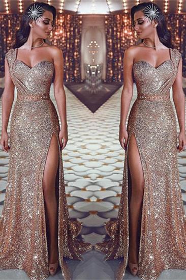 One Shoulder Sexy Split Gold Sequins Evening Dresses | Sleeveless Cheap Prom Dresses_2