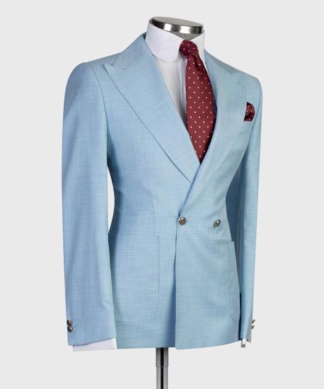 Fashion Sky Blue Double Breasted Men Suits with Point Collar_3