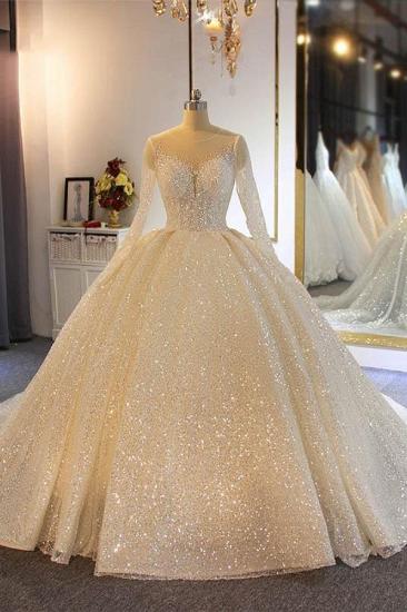 Sparkling Sequins Long Sleeve Ball Gown Wedding Dresses | Luxury Sheer Tulle Bridal Gowns_1