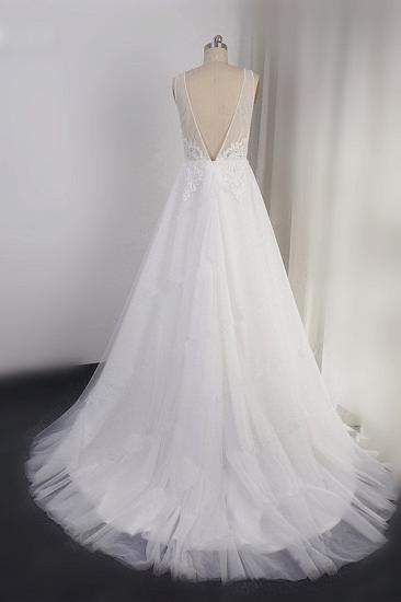Bradyonlinewholesale Elegant V-neck Tulle White Wedding Dress A-Line Lace Appliques Sleeveless Bridal Gowns On Sale_2