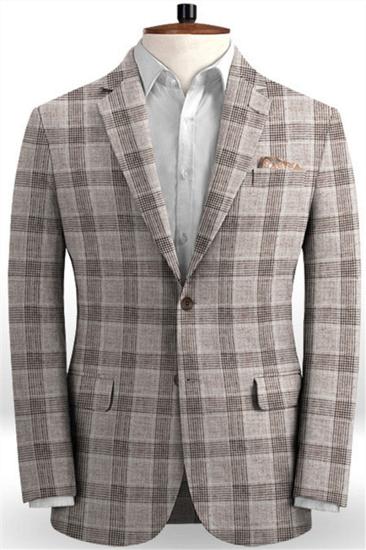 Khaki Linen Groom Mens Suit Online | Fashion Plaid Two Piece Tuxedo_1