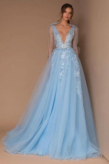 Stylish Sky Blue Deep V-Neck Tulle Lace Maxi Evening Dress_1