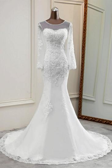 Bradyonlinewholesale Elegant Jewel Long Sleeves White Mermaid Wedding Dresses with Rhinestone Applqiues_1