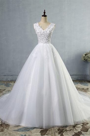 Bradyonlinewholesale Stunning V-Neck Sequins Tulle Wedding Dresses A-Line Lace Appliques Bridal Gowns Online