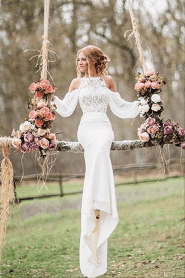 Elegant Lace Long-Sleeves Mermaid Chiffon Wedding Dress_1