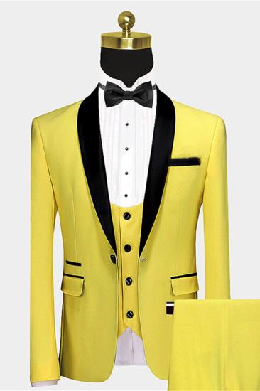 Unique Bright Yellow Wedding Tuxedos for Groom | Black Satin Shawl Lapel Prom Suits