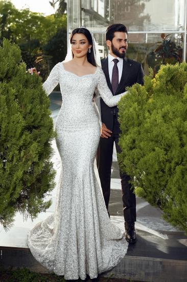 Modern Wedding Dresses Mermaid Style Glitter Wedding Dress with Sleeves_9