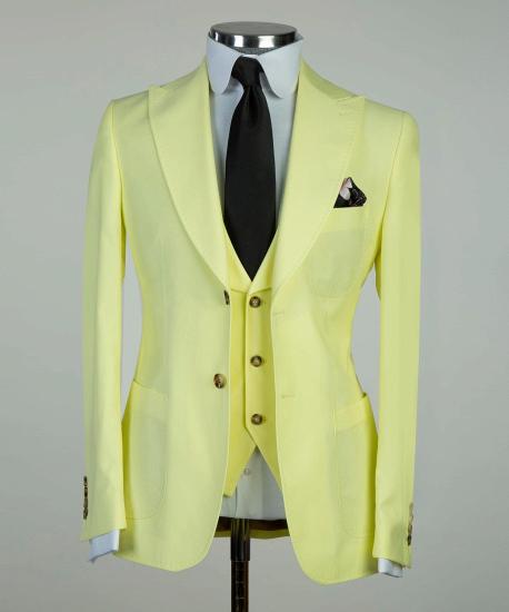 Light yellow pointed collar three-piece men's business suit_5