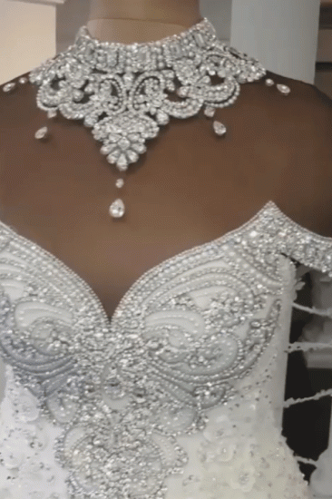 Luxury Crystals Mermaid Wedding Dresses | Off-the-Shoulder Appliques Bridal Gowns_2