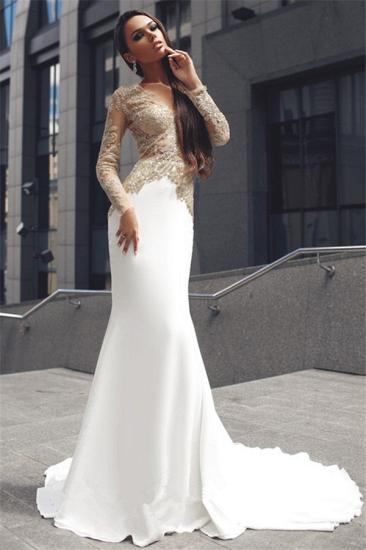 Champagne Gold Appliques Long Sleeves Prom Dress Mermaid Sexy Evening Gown_2