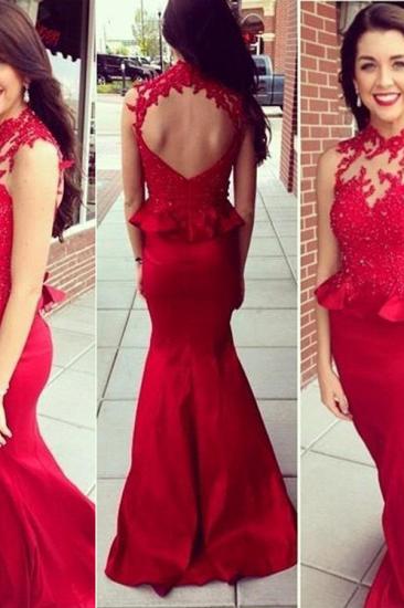 Red High Collar Lce Mermaid Evening Gowns with Beadings Sexy Open Back Long Prom Dress_2