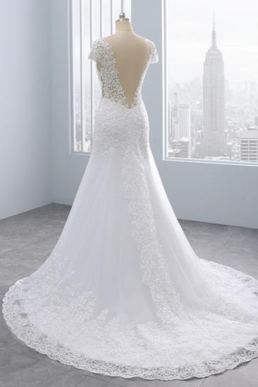 Bradyonlinewholesale Chic Jewel Mermaid Tulle Lace Wedding Dress Short-Sleeves Beadings Appliques Bridal Gowns On Sale_4