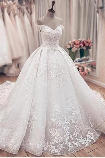 Off The Shoulder Floral Appliques Ball Gown Wedding Dresses | Lace Sleeveless Bridal Gowns_3
