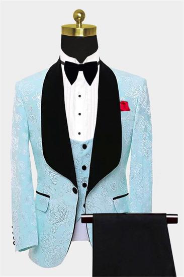 Floral Turquoise Tuxedo with Shawl Lapel | Three Pieces Prom Suits_1