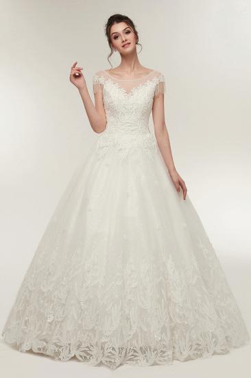 A-line Cap Sleeves Scoop Floor Length Lace Appliques Wedding Dresses with Crystals