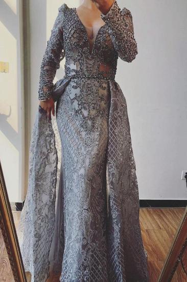 Glitter Long Sleeves Pearls Mermaid Evening Prom Gown wit Detachable Train_2