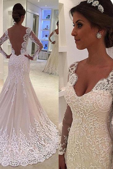 Court Train Mermaid V-neck Lace Long Sleeves Wedding Dresses_1