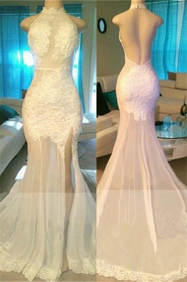 Sexy Backless Sheer Tulle Prom Dress Cheap | Side Slit Lace Appliques Evening Gowns on Mannequins bc1933