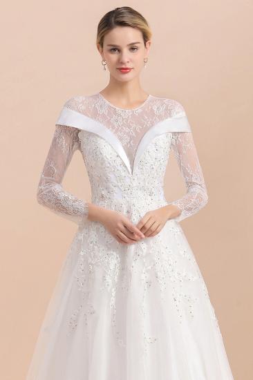 Modest White Beaded Appliques Long Sleeves Round neck Floor length Lace Wedding Dress_8