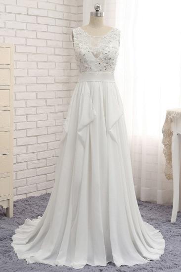 Bradyonlinewholesale Affordable Jewel White Chiffon Ruffle Wedding Dress Sleeveless Appliques Bridal Gowns with Beadings