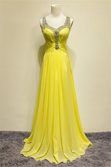 Crystal Yellow Sheer Back Chiffon Long Prom Dress A-line Sweep Train Elegant Dresses for Women