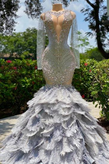 Silver Long Sleeve Lace Mermaid Glitter Ball Gown with Lace