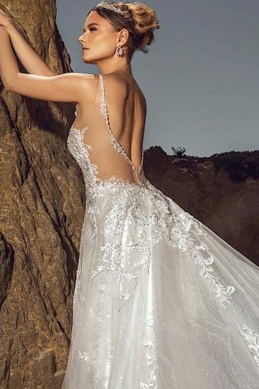 Chic Sleeveless V-Neck Wedding A-Line Tulle Bridal Dress with Lace Appliqués and Pockets_3
