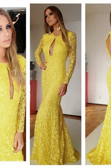 Yellow Long Sleeve Lace Prom Gowns Mermaid Sweep Train Sexy Evening Dresses_2