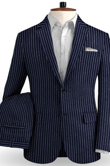 Latest Dark Blue Linen Formal Tuxedo | Business Striped Two Piece Mens Suit_2