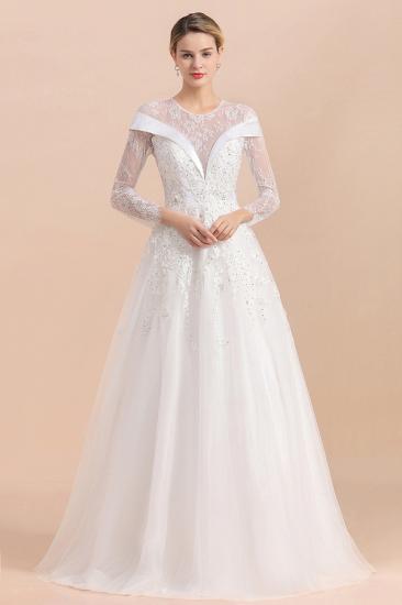 Modest White Beaded Appliques Long Sleeves Round neck Floor length Lace Wedding Dress_1