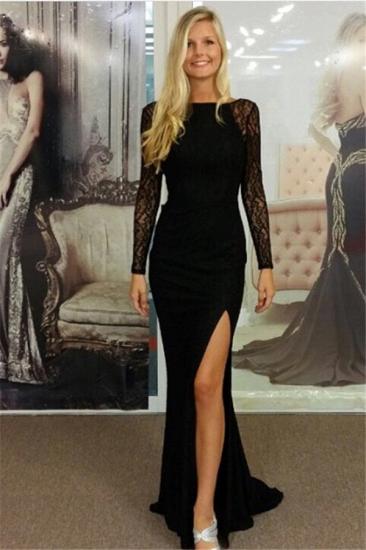Black Bateau Spandex Evening Dresses Backless Long Sleeves Prom Dresses_1