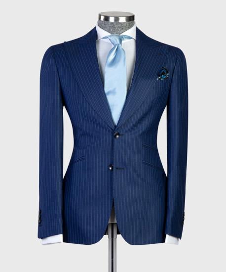Navy Fashion Striped Three Piece Slim Fit Men Suits with Pointed Lapel_4