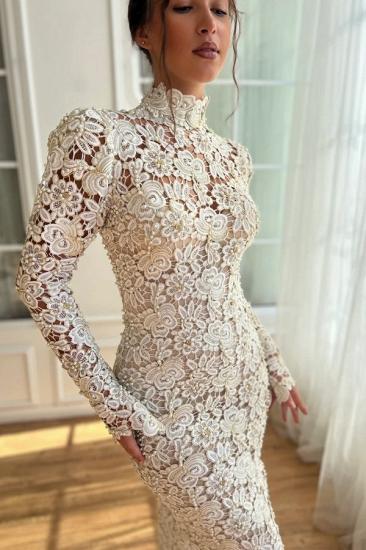 Designer Evening Dresses Long White Lace Ball Gowns with Sleeves_3