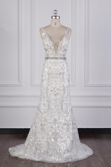 Bradyonlinewholesale Sparkly Sequins Straps V-Neck Wedding Dress Beadings Sleeveless Bridal Gowns with Sash On Sale_1