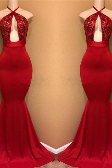 Halter Sexy Open Front Red Prom Dresses | Mermaid Cheap Long Evening Dress_2
