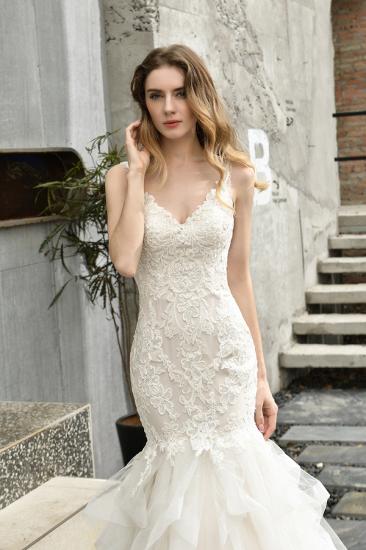 Luxury Mermaid Ivory V-neck Spring Lace Wedding Dress with Ruffles Train_4