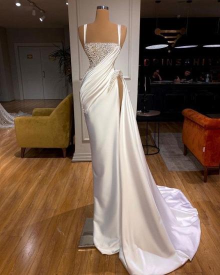 Straps White Pearls Satin Court Train Prom Dresses_2