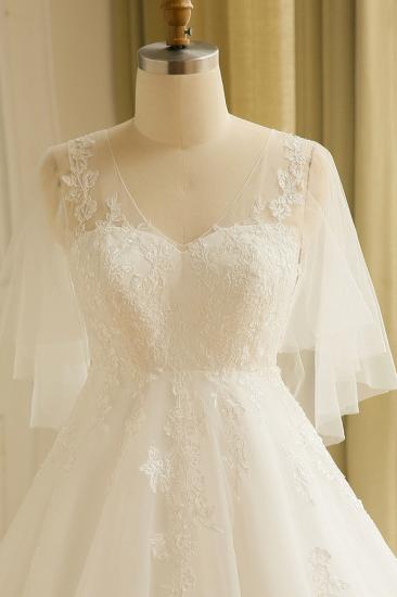 Elegant Plus Size Lace Wedding Dress A-line Floor Length V-neck Tulle Appliques Lace-up Poet Sleeves_4