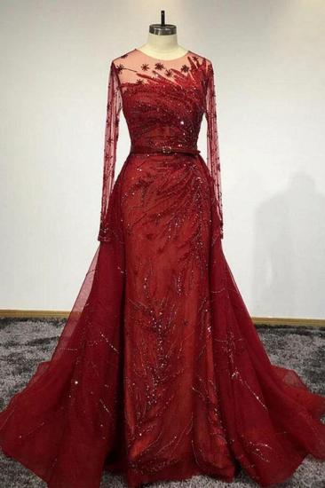 Stunning Red Long Sleeves Beading Mermaid Evening Gown with Detachable Train_1