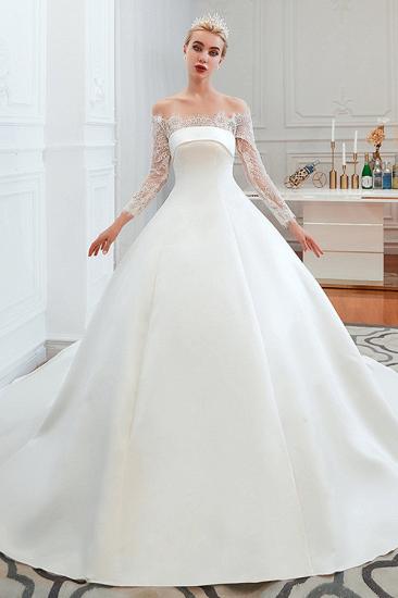 Romantic Lace Long Sleeves Princess Satin Wedding Dress | Princess Bridal Gowns with Cathedral Train_1
