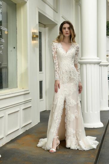 Delicate V-Neck High Split Long Sleeves Lace Wedding Dress With Court Train_5