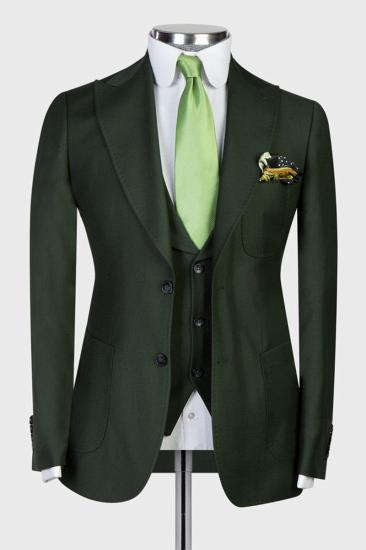 Chic dark green pointed lapel three-piece business men's suit_1
