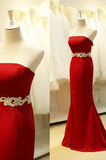 Sheath Modest Red Strapless Long Evening Dresses with Crystal Belt Affordable Lace-up Sexy Dresses for Women_3