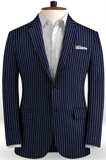 Latest Dark Blue Linen Formal Tuxedo | Business Striped Two Piece Mens Suit_1