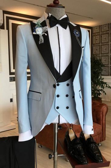 Angel Sky Blue 3 Piece Black Pointed Lapel Slim Fit Prom Mens Suit_2