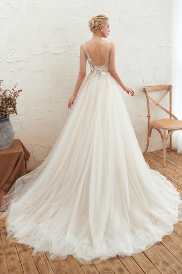 Champange Princess Tulle Wedding Dress with Soft Pleats | Sexy V-neck Low Back Bridal Gowns with Lace Appliques_2