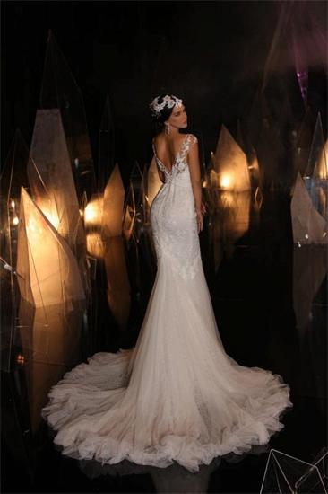 Designer Mermaid V Neck Sleeveless Lace Wedding Dress_3